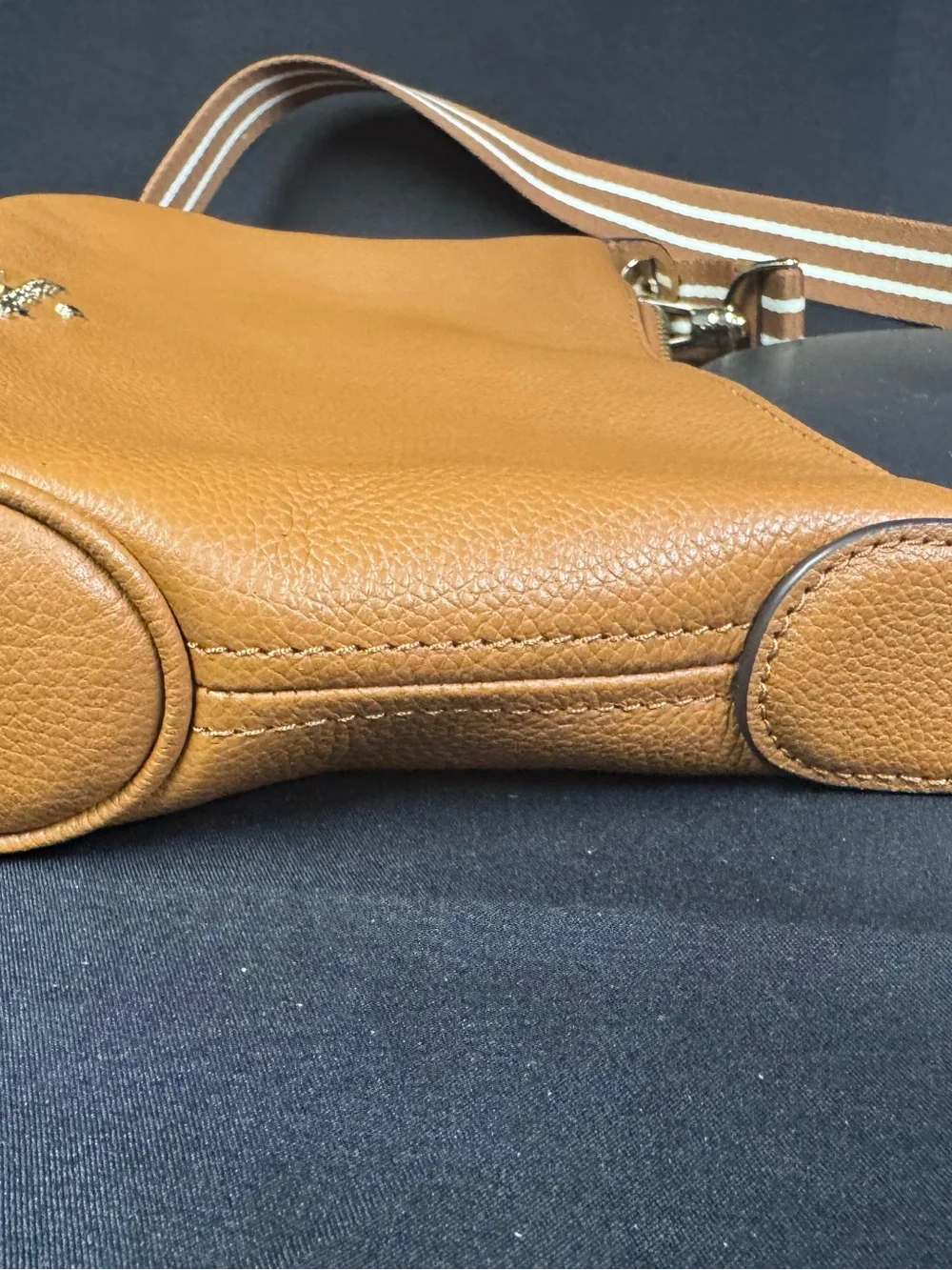 Kate Spade New York Tan Leather Crossbody Bag with Striped Strap